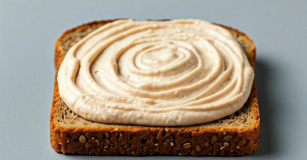 Fetta di pane integrale con crema spalmabile di colore beige.